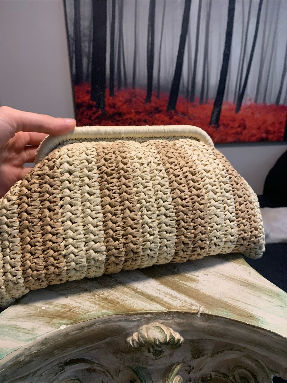 Woven Straw Clutch Bag in Natural Beige and Tan